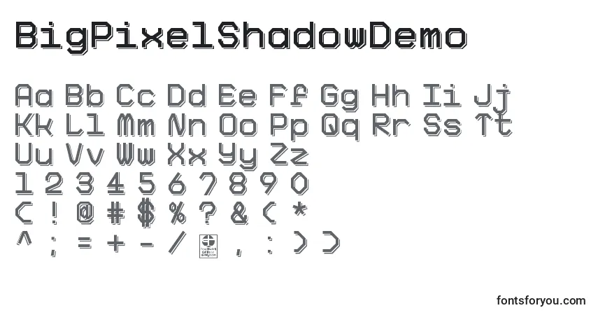 A fonte BigPixelShadowDemo – alfabeto, números, caracteres especiais