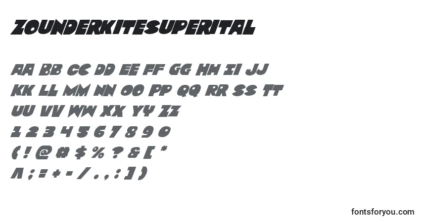 Schriftart Zounderkitesuperital – Alphabet, Zahlen, spezielle Symbole
