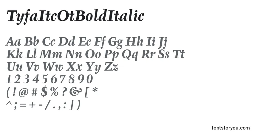 Czcionka TyfaItcOtBoldItalic – alfabet, cyfry, specjalne znaki