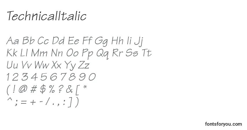 Schriftart TechnicalItalic – Alphabet, Zahlen, spezielle Symbole