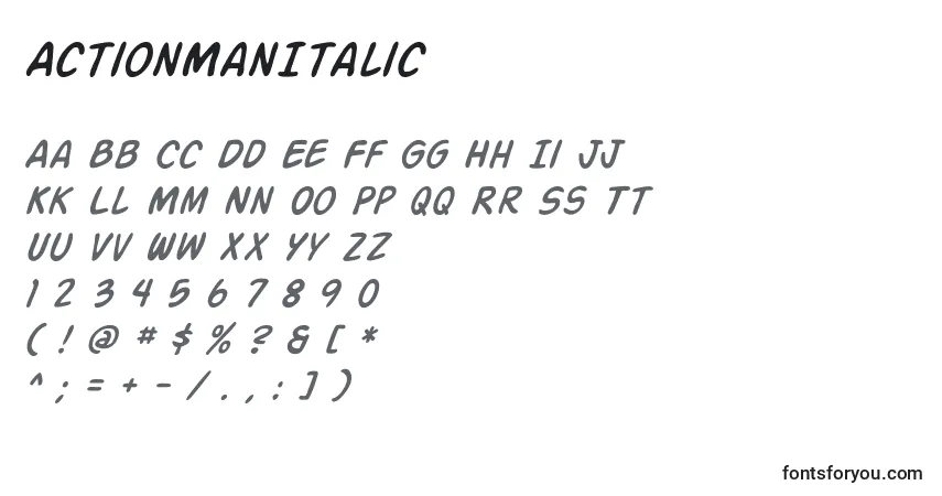 Schriftart ActionManItalic – Alphabet, Zahlen, spezielle Symbole