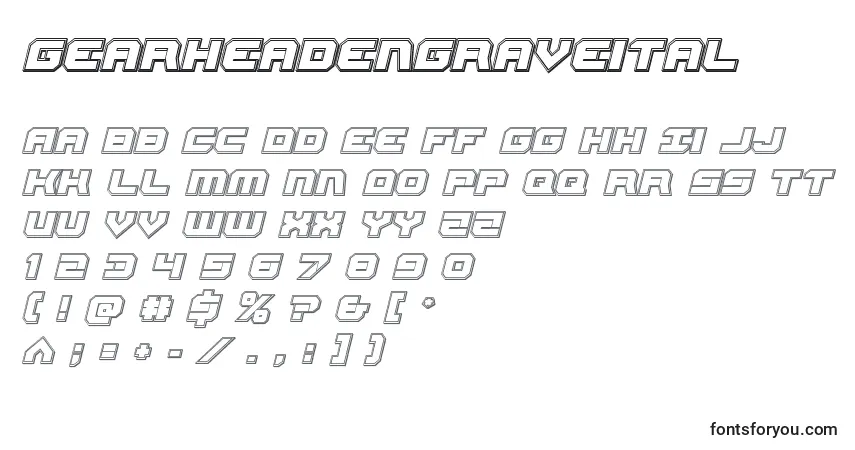 Schriftart Gearheadengraveital – Alphabet, Zahlen, spezielle Symbole