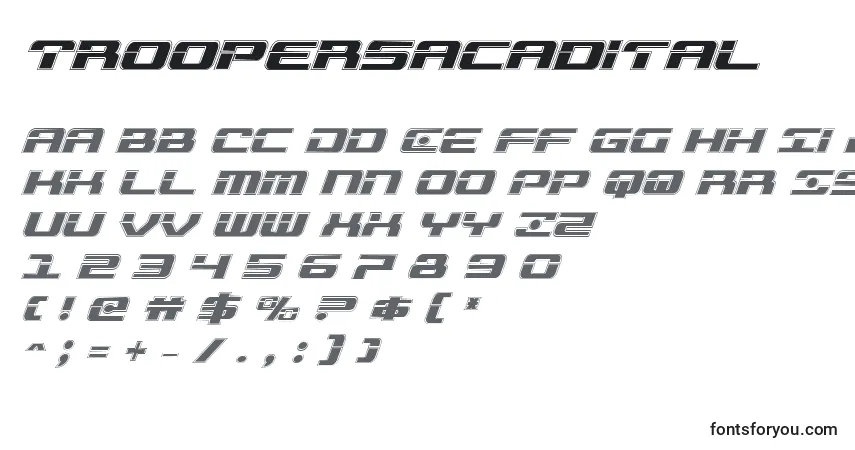 Schriftart Troopersacadital – Alphabet, Zahlen, spezielle Symbole