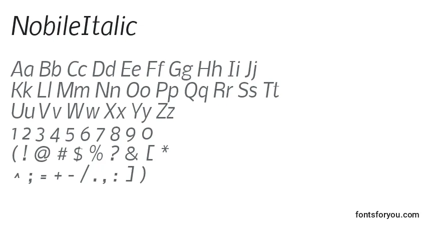 Шрифт NobileItalic – алфавит, цифры, специальные символы