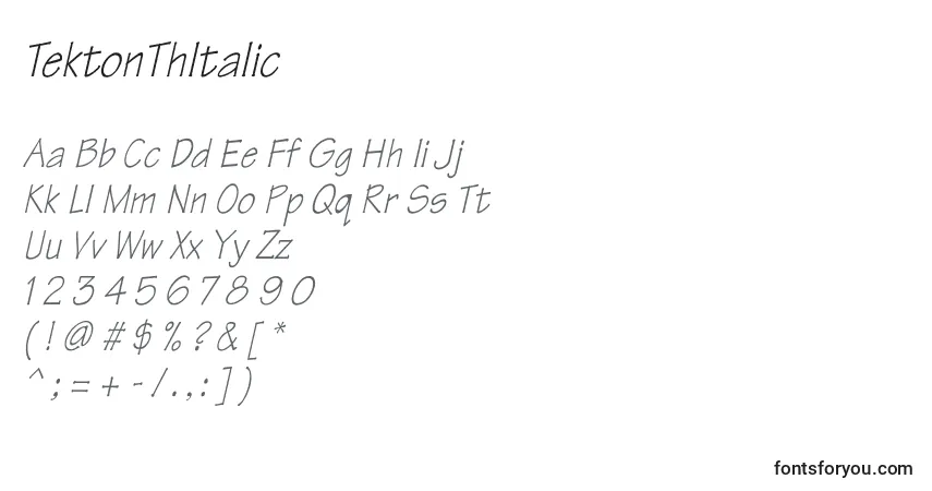 Шрифт TektonThItalic – алфавит, цифры, специальные символы
