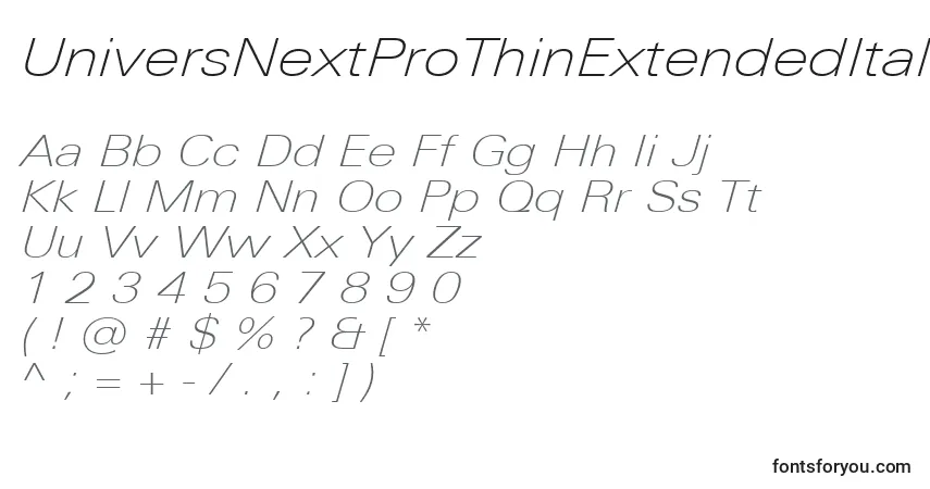 A fonte UniversNextProThinExtendedItalic – alfabeto, números, caracteres especiais