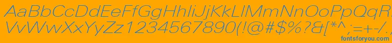 UniversNextProThinExtendedItalic-Schriftart – Blaue Schriften auf orangefarbenem Hintergrund