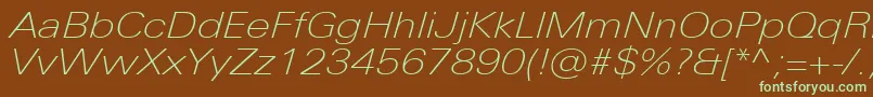 フォントUniversNextProThinExtendedItalic – 緑色の文字が茶色の背景にあります。