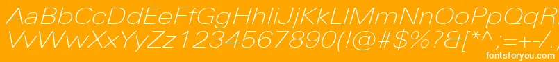 UniversNextProThinExtendedItalic-Schriftart – Weiße Schriften auf orangefarbenem Hintergrund