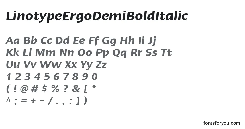 Czcionka LinotypeErgoDemiBoldItalic – alfabet, cyfry, specjalne znaki