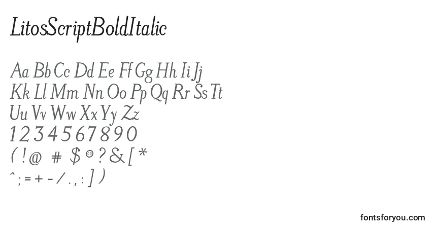 Czcionka LitosScriptBoldItalic – alfabet, cyfry, specjalne znaki