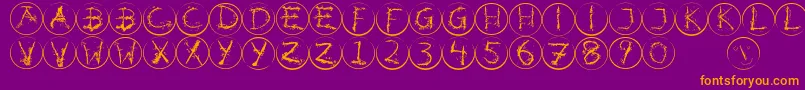 Inkalphabetrrings-Schriftart – Orangefarbene Schriften auf violettem Hintergrund