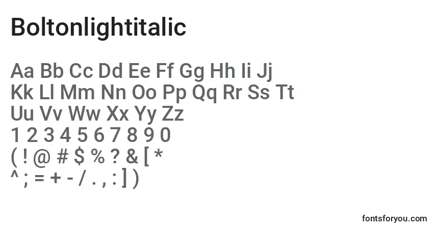 A fonte Boltonlightitalic – alfabeto, números, caracteres especiais