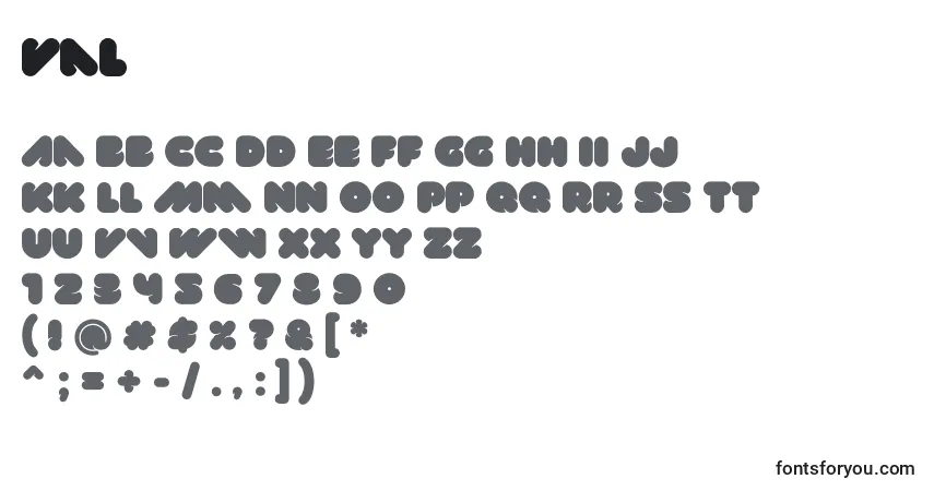 Czcionka Val – alfabet, cyfry, specjalne znaki