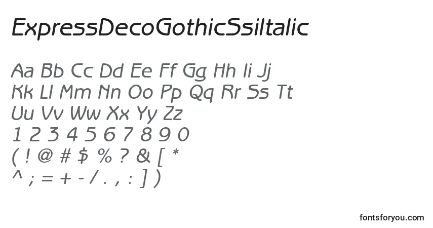 A fonte ExpressDecoGothicSsiItalic – alfabeto, números, caracteres especiais