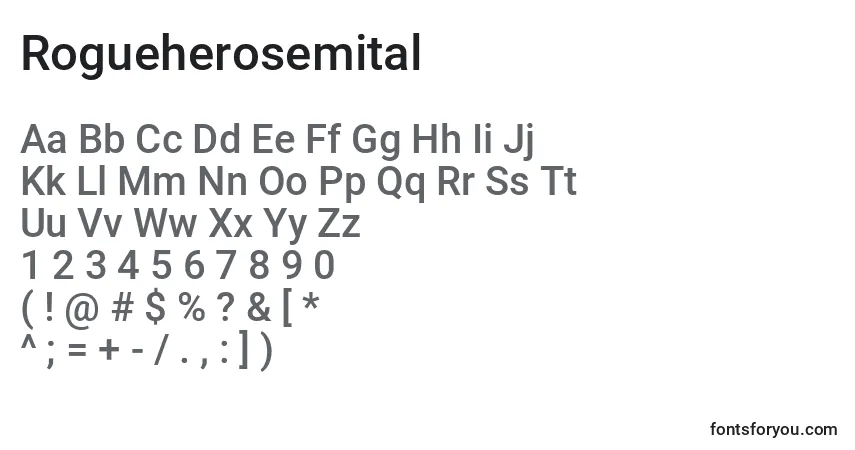 Czcionka Rogueherosemital – alfabet, cyfry, specjalne znaki