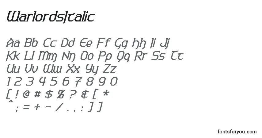 Шрифт WarlordsItalic – алфавит, цифры, специальные символы