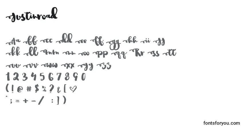 A fonte Justinroad (82722) – alfabeto, números, caracteres especiais