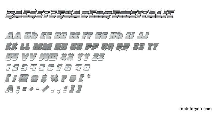 Schriftart Racketsquadchromeitalic – Alphabet, Zahlen, spezielle Symbole