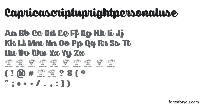 Czcionka Capricascriptuprightpersonaluse – alfabet, cyfry, specjalne znaki