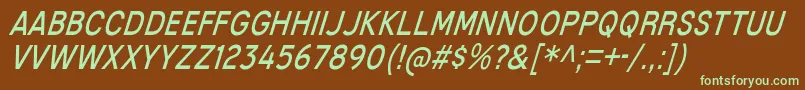 フォントMixolydianTitlingBkIt – 緑色の文字が茶色の背景にあります。