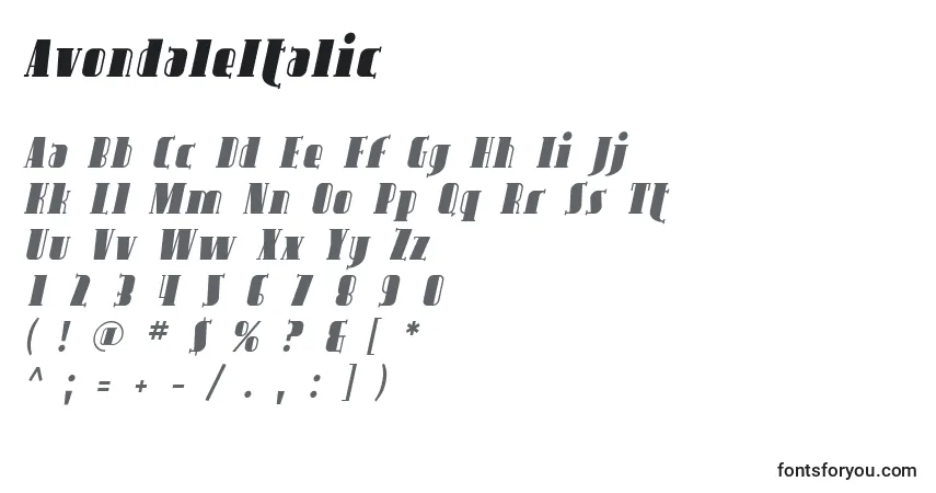 Czcionka AvondaleItalic – alfabet, cyfry, specjalne znaki