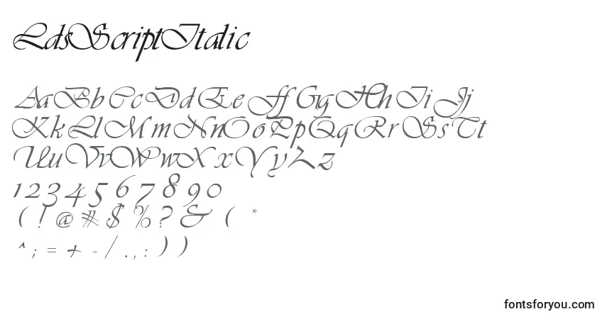 Czcionka LdsScriptItalic – alfabet, cyfry, specjalne znaki