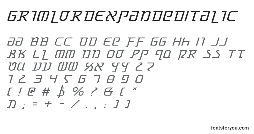 Schriftart GrimlordExpandedItalic – Alphabet, Zahlen, spezielle Symbole