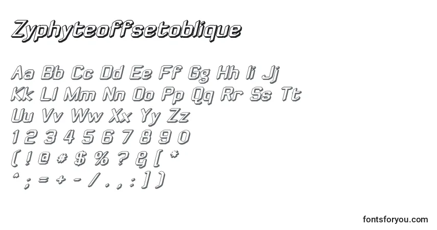A fonte Zyphyteoffsetoblique – alfabeto, números, caracteres especiais