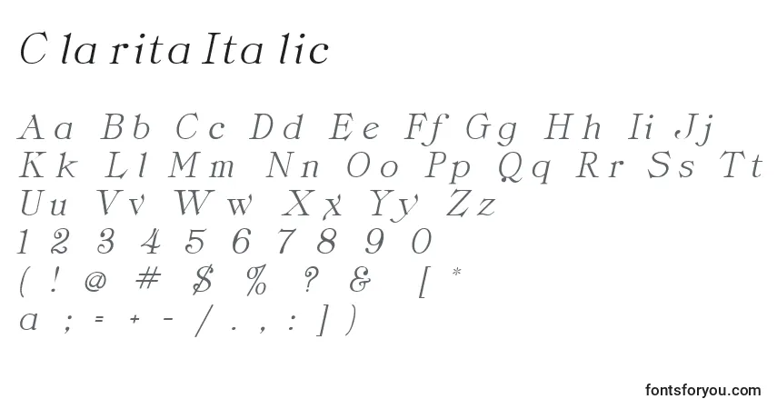 Czcionka ClaritaItalic – alfabet, cyfry, specjalne znaki