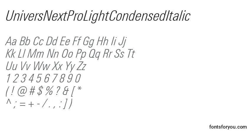 A fonte UniversNextProLightCondensedItalic – alfabeto, números, caracteres especiais