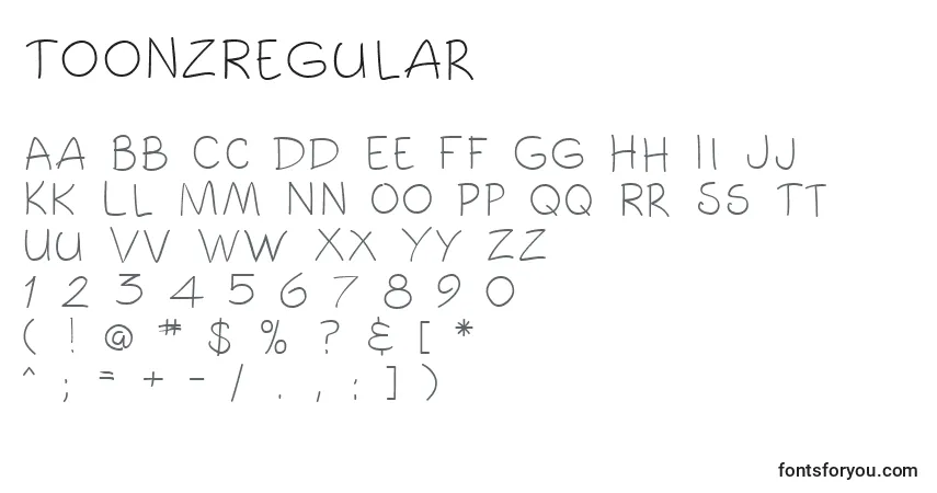 Шрифт ToonzRegular – алфавит, цифры, специальные символы