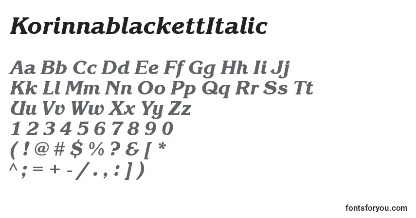 Шрифт KorinnablackettItalic – алфавит, цифры, специальные символы