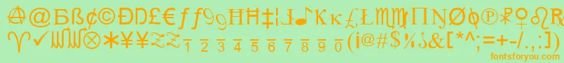 フォントXcryptv2 – オレンジの文字が緑の背景にあります。