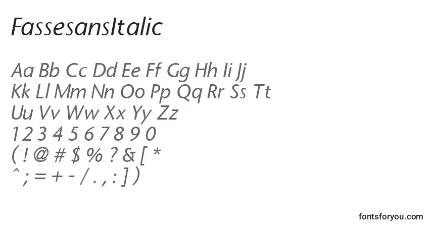 Schriftart FassesansItalic – Alphabet, Zahlen, spezielle Symbole