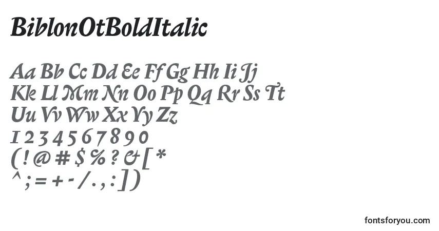 A fonte BiblonOtBoldItalic – alfabeto, números, caracteres especiais