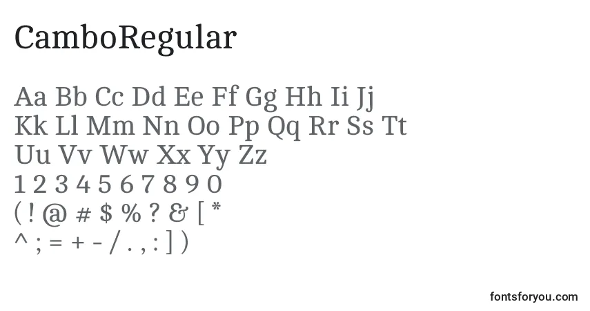 A fonte CamboRegular – alfabeto, números, caracteres especiais