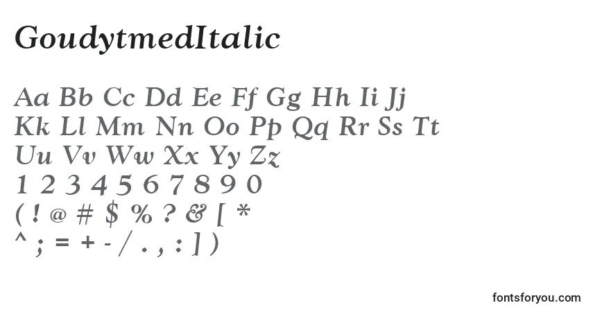 A fonte GoudytmedItalic – alfabeto, números, caracteres especiais