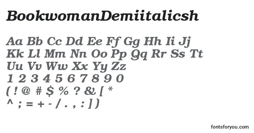 Schriftart BookwomanDemiitalicsh – Alphabet, Zahlen, spezielle Symbole