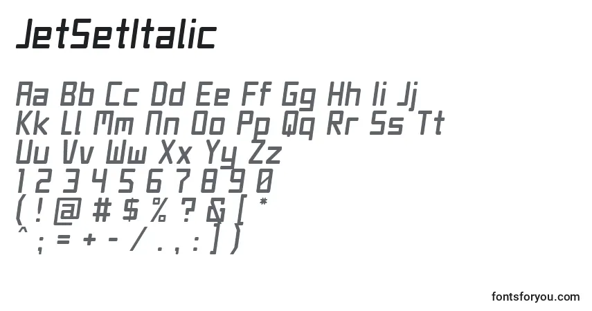 A fonte JetSetItalic – alfabeto, números, caracteres especiais