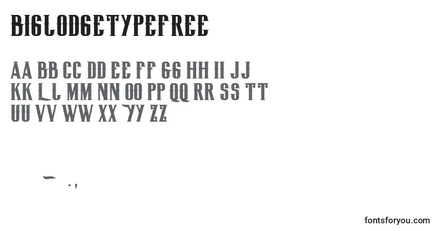 Czcionka Biglodgetypefree – alfabet, cyfry, specjalne znaki