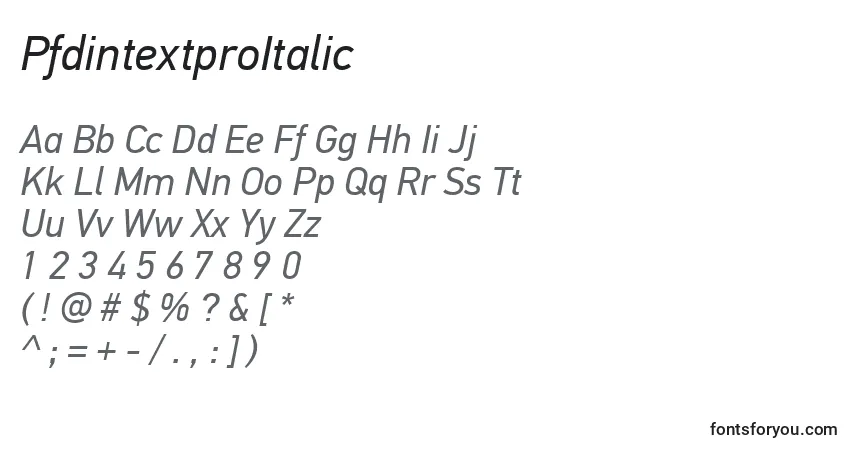 Шрифт PfdintextproItalic – алфавит, цифры, специальные символы