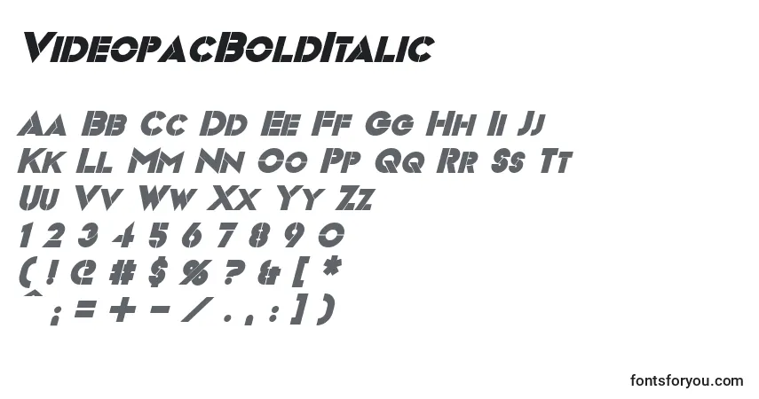 A fonte VideopacBoldItalic – alfabeto, números, caracteres especiais