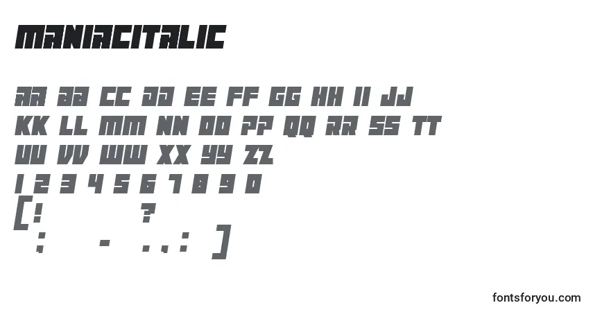 Шрифт ManiacItalic – алфавит, цифры, специальные символы