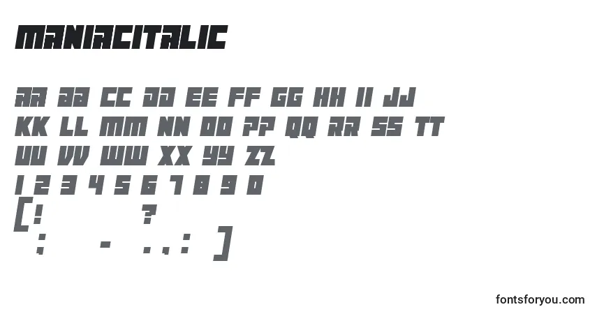 Czcionka ManiacItalic – alfabet, cyfry, specjalne znaki