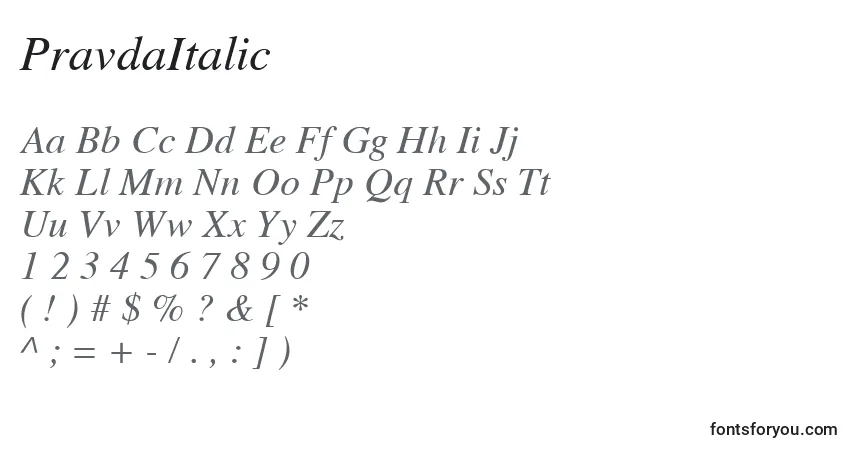 Шрифт PravdaItalic – алфавит, цифры, специальные символы