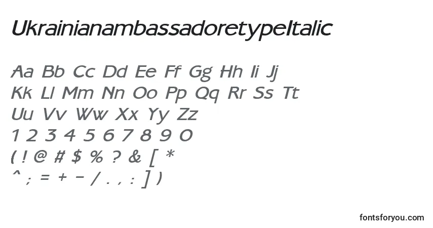 Czcionka UkrainianambassadoretypeItalic – alfabet, cyfry, specjalne znaki
