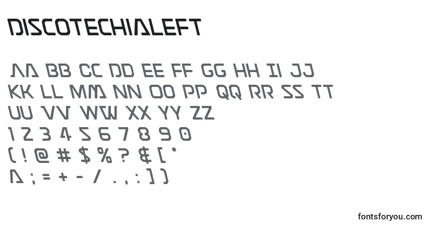Czcionka Discotechialeft – alfabet, cyfry, specjalne znaki