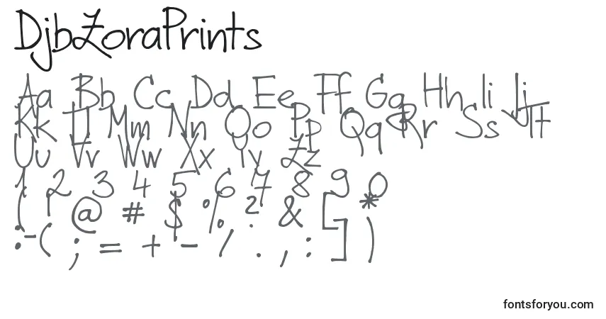 Schriftart DjbZoraPrints – Alphabet, Zahlen, spezielle Symbole