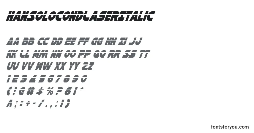 A fonte HanSoloCondLaserItalic – alfabeto, números, caracteres especiais